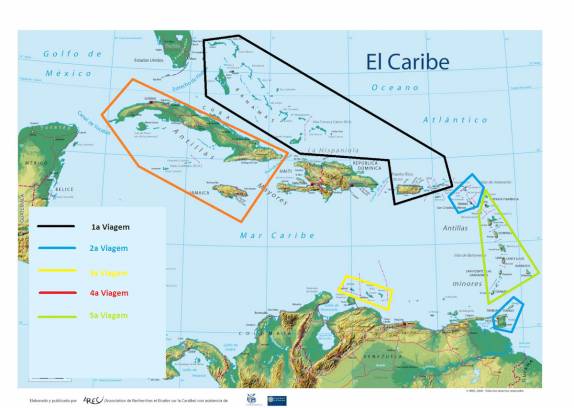 Nossas cinco viagens ao Caribe até agora. Ainda faltam Rep. Dominicana, Haiti e as Bermudas, ao norte do mapa